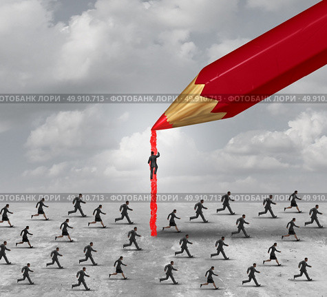 Succeed in business concept as a group of competing people with a pencil paving a path to faster success or recruitment of talent with 3D illustration elements. Стоковое фото, агентство Ingram Publishing / Фотобанк Лори