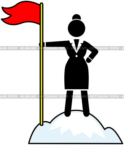 Success banner web icon, woman with flag standing on top of mountain, striving for goal, planning, target. Strategy, doing, teamwork, consistency for success, personal achievements on way to victory. Success banner web icon, woman with flag standing on top of mountain, striving for goal, planning. Стоковая иллюстрация, агентство Ingram Publishing / Фотобанк Лори