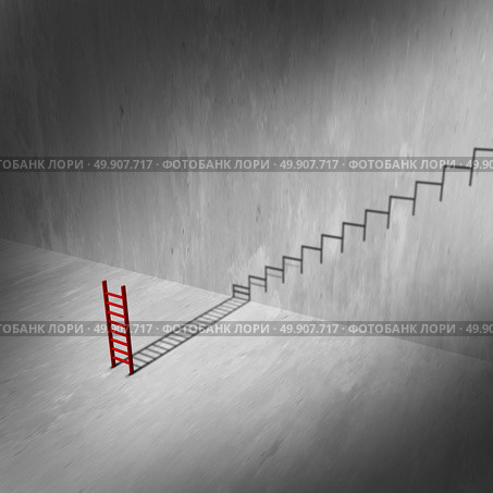 Success ladder and stairs concept as a climbing tool casting a shadow of a staircase or stairs as an infinite rise to success metaphor and ambition symbol as a 3D illustration. Стоковое фото, агентство Ingram Publishing / Фотобанк Лори