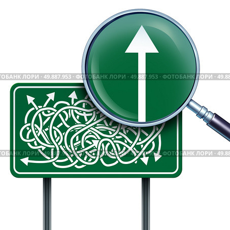 Success vision business concept as a highway road sign with confused twisted direction arrows and a magnifying glass with a straight arrow going up as a direction solution metaphor for simplicity and clarification. Стоковое фото, агентство Ingram Publishing / Фотобанк Лори