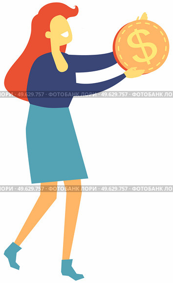 Successful businesswoman with dollar golden coin in hands. Happy girl with money isolated. Rich businesswoman or millionaire, careless wealthy character with currency, financial success, good luck. Successful businesswoman with dollar golden coin in hands. Happy girl with money isolated on white. Стоковая иллюстрация, агентство Ingram Publishing / Фотобанк Лори