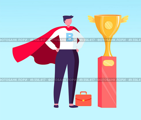 Successful completion of task vector, isolated businessman wearing formal clothes and cloak flat style. Person achieved success, trophy golden cup. Hero in Business, Businessman with Trophy Pedestal. Стоковая иллюстрация, агентство Ingram Publishing / Фотобанк Лори