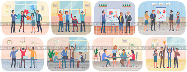 Successful project execution, happy colleagues congratulate each other joyfully raised their hands up. Teamwork, conversation in office. Businessmen discuss company s business strategy scenes set. Successful project execution, happy colleagues scenes set. Teamwork, conversation in office. Стоковая иллюстрация, агентство Ingram Publishing / Фотобанк Лори