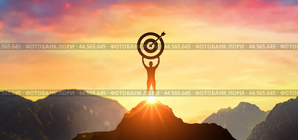 Successfully achieving your goal, Silhouette of businessman on mountain. Success Business Leadership, Winner on top. Concept of success. Стоковое фото, фотограф Павел Муравьев / Фотобанк Лори