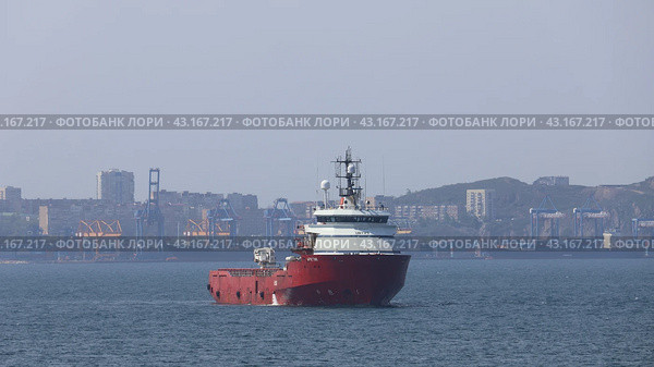Судно "Арктик", на фоне морского порта Владивостока (2023 год). Редакционное фото, фотограф Василий Юрьевич Шмидт / Фотобанк Лори