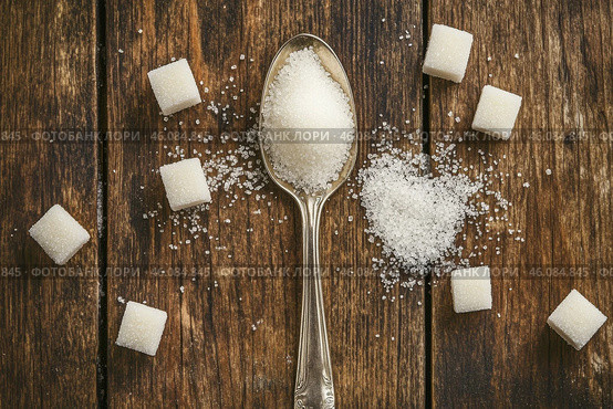 Sugar pile in a metal spoon on a wood surface. White granulated sugar and cubes. Natural seasoning. Refined sugar poured on wooden rustic table. Sugary sand. Cooking, cosmetology, spa services concept. Стоковое AI-изображение, AI-художник Марина Демидюк / Фотобанк Лори