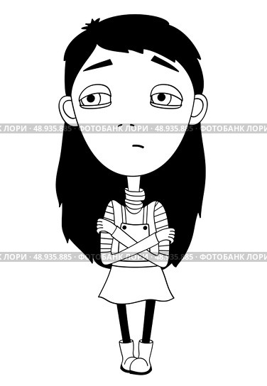 Sulky girl with braid and big eyes not smiling for print isolated vector illustration. Стоковая иллюстрация, агентство Ingram Publishing / Фотобанк Лори