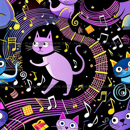 Сумасшедшие кошки сочиняют музыку и поют песни по ночам. Стоковое AI-изображение, AI-художник Александр Бушков / Фотобанк Лори