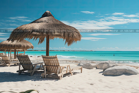 Summer all year round concept. Cuba Varadero Beach View on Atlantic Ocean. Sunny Tropical Seascape with Palm Trees. Summer Nature Background. Стоковое AI-изображение, AI-художник Ирина Михайличенко / Фотобанк Лори