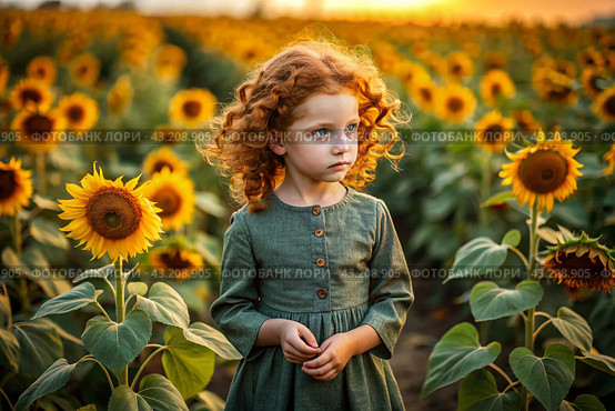 Summer flowering. Portrait of a beautiful curly-haired girl and a green dress in a blooming field of sunflowers Childhood. The girl poses and looks at the camera. Стоковое AI-изображение, AI-художник Photojuli / Фотобанк Лори
