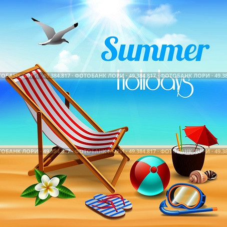 Summer holidays realistic composition with sunbed on the beach and different sea attributes vector illustration. Summer Holidays Realistic Composition. Стоковая иллюстрация, агентство Ingram Publishing / Фотобанк Лори