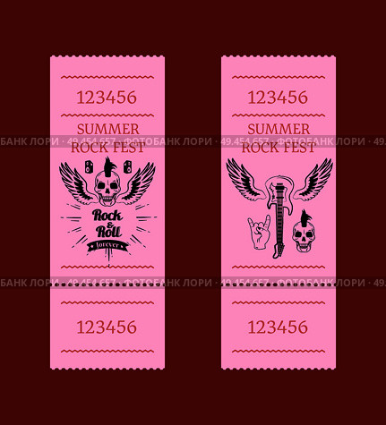 Summer rock fest collection of tickets. Vector illustration of skull with mohawk, small loudspeakers, electric guitar with wings and sign of horns. Summer Rock Fest Collection of Tickets on Red. Стоковая иллюстрация, агентство Ingram Publishing / Фотобанк Лори