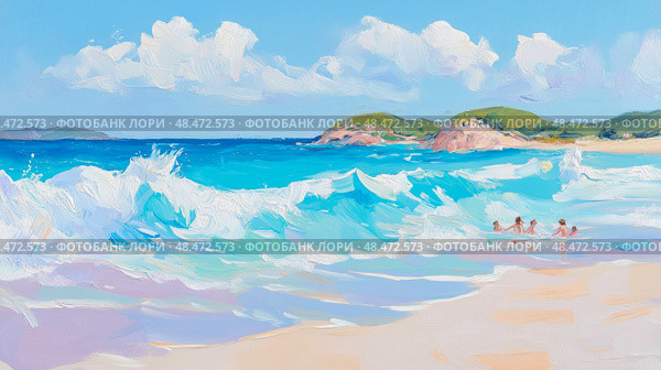 Summer Seascape: Impressionistic Painting of People Enjoying the Ocean Waves on a Tropical Beach. Стоковое AI-изображение, AI-художник Данила Большаков / Фотобанк Лори