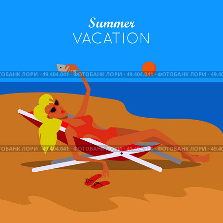 Summer vacation. Leisure on tropical sunny seaside. Woman making selfie on chaise-longue at beach in tropical country. Sunbathing and relaxing on the seashore. Woman in sexy bikini. Vector. Summer Vacation. Woman in Sexy Bikini. Vector. Стоковая иллюстрация, агентство Ingram Publishing / Фотобанк Лори