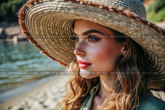 Summer vacation on the beach, Close-up of a beautiful woman in a straw hat. Summer time. Rest and vacation, a place to copy. Стоковое AI-изображение, AI-художник Photojuli / Фотобанк Лори