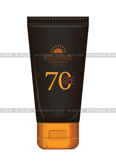 Sun Cream Professional Series. Sun cream professional series. Solar defence. Sun cosmetic. Brown and gold plastic tube for sun block, 70 SPF. Product for body and skin care, beauty, health, freshness, youth. Realistic illustration. Стоковая иллюстрация, агентство Ingram Publishing / Фотобанк Лори