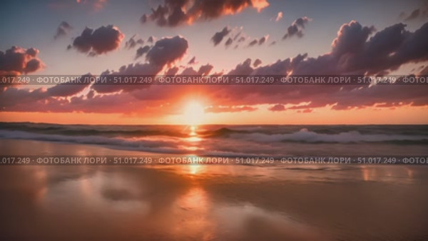 Sun setting over the ocean at the beach, casting a warm glow on the water and sand. Стоковое AI-видео, аниматор Данила Большаков / Фотобанк Лори
