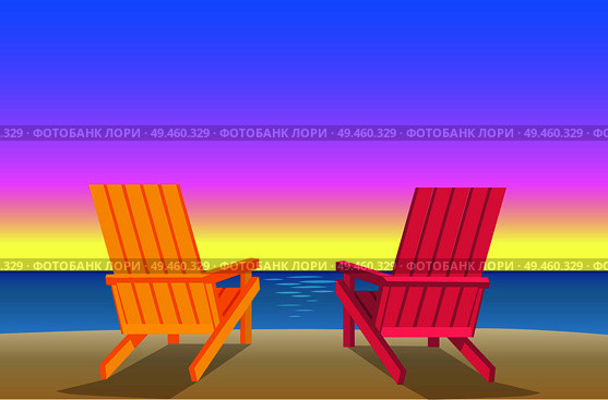 Sunbed on beach pair of chaise-lounges at coastline vector illustration, two wooden recliners, sandy shore near sea or ocean summertime landscape.. Sunbed on Beach Pair of Chaise-Lounges Coastline. Стоковая иллюстрация, агентство Ingram Publishing / Фотобанк Лори