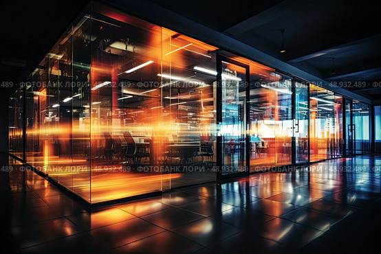 Sunlight dances through the myriad glass walls, illuminating a contemporary office meeting room that exudes elegance and modernity. Стоковое AI-изображение, AI-художник Данила Большаков / Фотобанк Лори