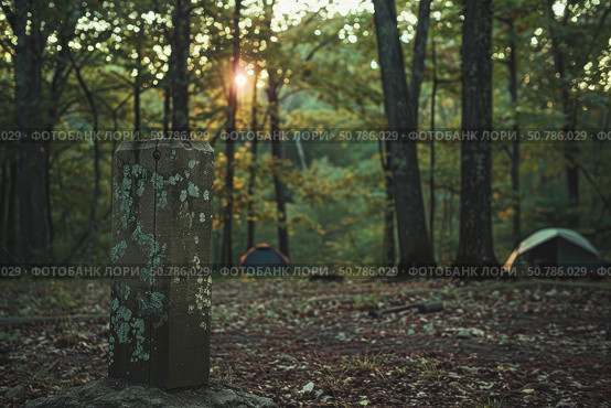 Sunlight filtering through forest canopy at campsite. Стоковое AI-изображение, AI-художник Иван Рябоконь / Фотобанк Лори
