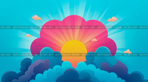 Sunrise Landscape: stylized rising sun through pink flower shape and stylized clouds, with rays spreading across the blue sky. Стоковое AI-изображение, AI-художник Данила Большаков / Фотобанк Лори