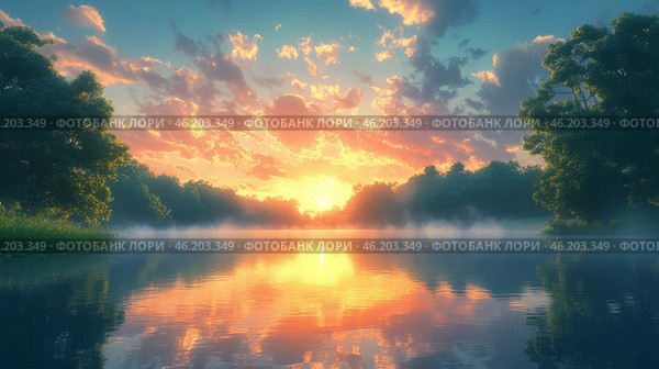 Sunrise over tranquil river with mist and reflections in early morning light. Стоковое AI-изображение, AI-художник Юлия Гапеенко / Фотобанк Лори