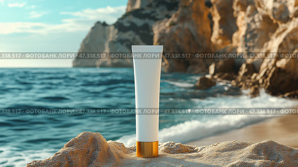 Sunscreen mockup on sandy beach with ocean waves and cliffs during daylight. Солнцезащитный крем на песчаном пляже с океанскими волнами и скалами в светлое время суток. Стоковое AI-изображение, AI-художник Katsiaryna Repich / Фотобанк Лори