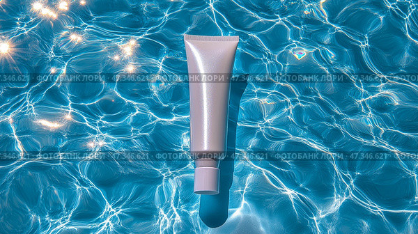 Sunscreen tube rests on shimmering water surface at midday. Тюбик с солнцезащитным кремом плавает на поверхности прозрачного голубого бассейна, отражая солнечный свет. Живая вода освежает, идеально подходя для летнего отдыха. Стоковое AI-изображение, AI-художник Katsiaryna Repich / Фотобанк Лори