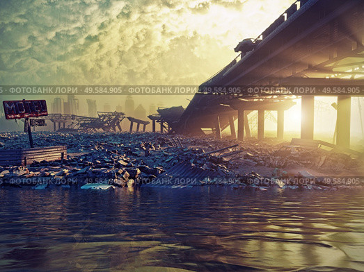 Sunset apocalypse landscape. 3d illustration concept. Стоковое фото, агентство Ingram Publishing / Фотобанк Лори