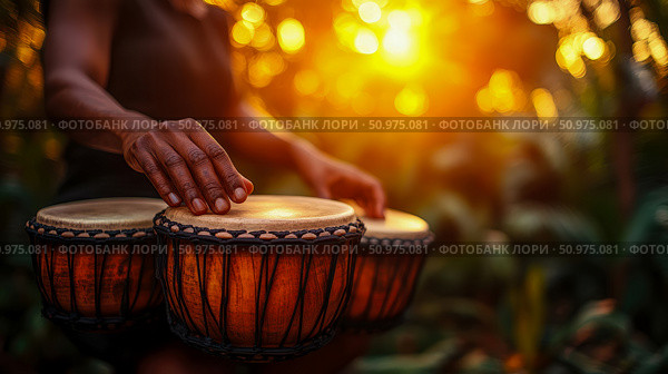 Sunset Drumming: A Musician Plays Congas in Golden Light. Стоковое AI-изображение, AI-художник Данила Большаков / Фотобанк Лори