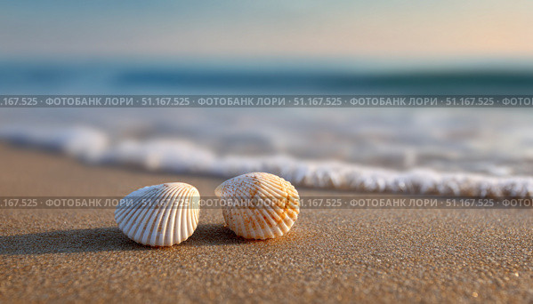 Sunset lit seashells resting on damp sand, gentle waves lapping shoreline, embodying peaceful coastal tranquility and natural seaside harmony. Стоковое AI-изображение, AI-художник Юрий Поздников / Фотобанк Лори