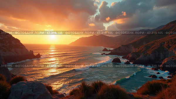 Sunset Over the Coastal Cliffs With Gentle Waves Lapping the Shore in a Serene Evening Setting by the Ocean. Стоковое AI-изображение, AI-художник Sergey Grishin / Фотобанк Лори