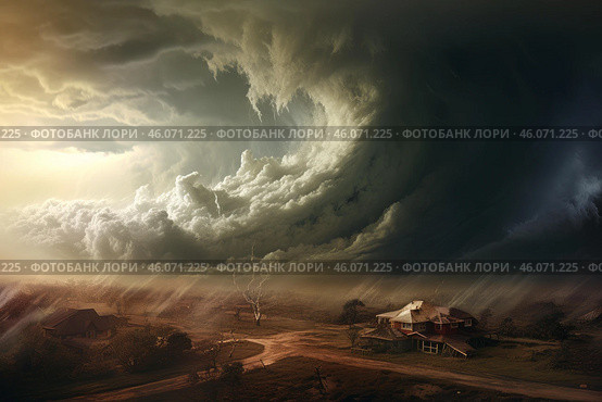 Supercell storm forming over rural houses, dramatic weather. Стоковое AI-изображение, AI-художник Иван Рябоконь / Фотобанк Лори