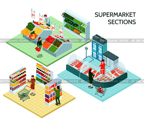 Supermarket sections isometric compositions with buyers choosing products on shelves  trays and counters illustration. Supermarket Sections Isometric Compositions. Стоковая иллюстрация, агентство Ingram Publishing / Фотобанк Лори