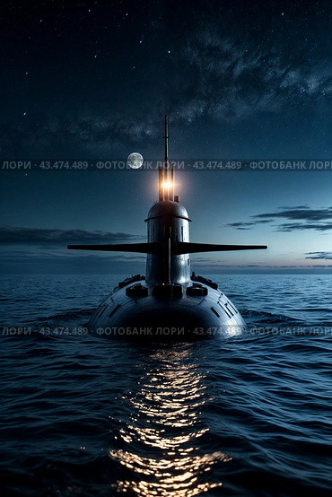 Surfaced unknown nuclear submarine at north night waters in open sea/ocean. Sub military control of sea, protection of water. Naval forces army, military war technology concept. Copy ad text space. Стоковое AI-изображение, AI-художник Aleksandr Golubev / Фотобанк Лори