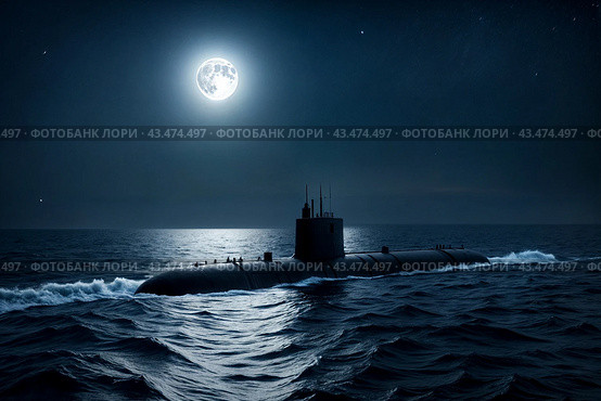Surfaced unknown nuclear submarine at north night waters in open sea/ocean. Sub military control of sea, protection of water. Naval forces army, military war technology concept. Copy ad text space. Стоковое AI-изображение, AI-художник Aleksandr Golubev / Фотобанк Лори