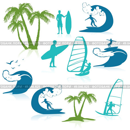 Surfing Icons With People. Surfing  icons with people silhouettes on the wave and palm trees  isolated vector illustration. Стоковая иллюстрация, агентство Ingram Publishing / Фотобанк Лори