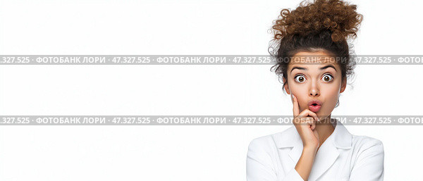 Surprised woman expressing curiosity in a neutral setting, copy space. Женщина с вьющимися волосами стоит с удивленным выражением лица, подперев рукой подбородок, что подчеркивает чувство любопытства. Она одета в пальто светлого цвета на простом фоне. Стоковое AI-изображение, AI-художник Katsiaryna Repich / Фотобанк Лори