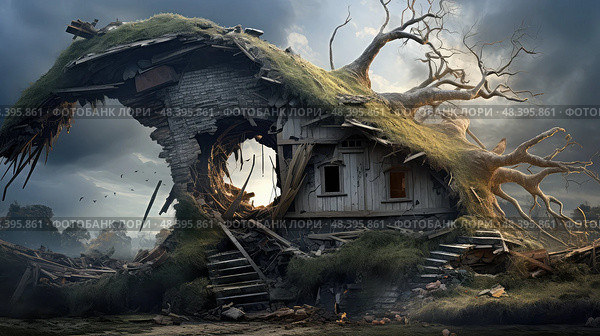 surreal damaged house with tree ai generated. Стоковое AI-изображение, AI-художник Vectorwin / Фотобанк Лори
