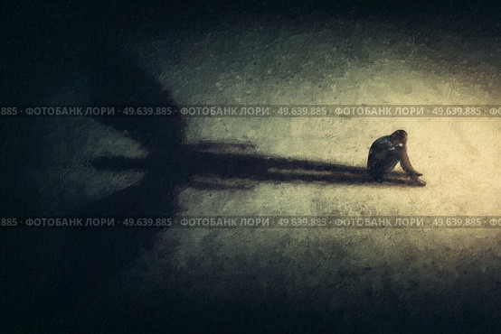 Surreal painting of a man sitting alone isolated in a dark room, casting a shadow of a powerful guardian angel. Inner strength metaphor. Introvert person found an imaginary friend. Стоковое фото, агентство Ingram Publishing / Фотобанк Лори