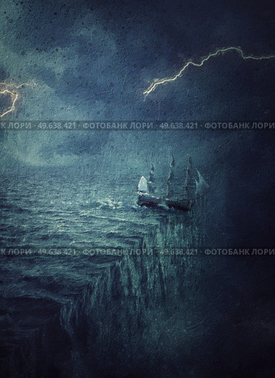 Surreal painting with a ship wrecked to the end of the world, crashing down into another dimension of the ocean. Fantastic nautical seascape, stormy night adventure. Стоковое фото, агентство Ingram Publishing / Фотобанк Лори