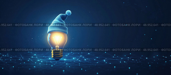 Светящаяся лампочка в зимней шапке на цифровом фоне. Стоковое AI-изображение, AI-художник Александр Жуков / Фотобанк Лори