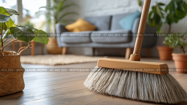 Sweeping hardwood floor in cozy living room with plants and light decor. Веник лежит на полированном деревянном полу теплой гостиной. Ярко освещенное пространство с зелеными растениями и удобным диваном создает уютную атмосферу для отдыха. Стоковое AI-изображение, AI-художник Katsiaryna Repich / Фотобанк Лори