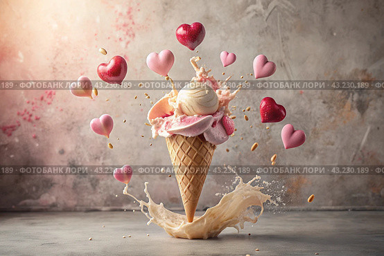 Sweet dessert. The love of ice cream. A heart-shaped ice cream cone with splash, hearts and splashes. The concept of Valentine's Day. Banner, advertisement. Стоковое AI-изображение, AI-художник Photojuli / Фотобанк Лори