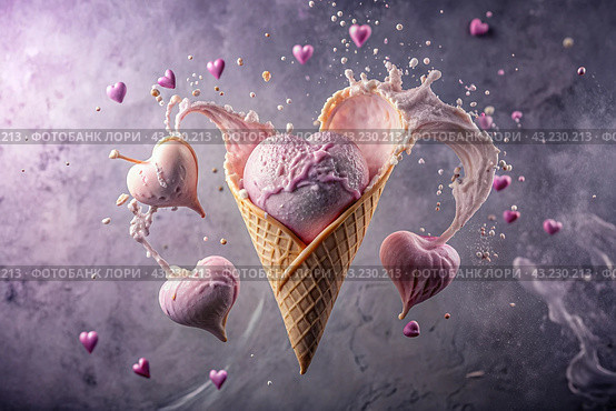 Sweet dessert. The love of ice cream. A heart-shaped ice cream cone with splash, hearts and splashes. The concept of Valentine's Day. Banner, advertisement. Стоковое AI-изображение, AI-художник Photojuli / Фотобанк Лори