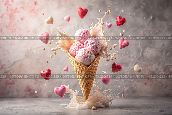 Sweet dessert. The love of ice cream. A heart-shaped ice cream cone with splash, hearts and splashes. The concept of Valentine's Day. Banner, advertisement. Стоковое AI-изображение, AI-художник Photojuli / Фотобанк Лори