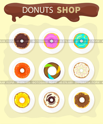 Sweet donuts set design flat food. Doughnut, donuts coffee, donut isolated, coffee and cookies, cake bakery, dessert menu, snack pastry, tasty illustration. Donuts shop. Donut icon. Donuts glaze. Стоковая иллюстрация, агентство Ingram Publishing / Фотобанк Лори