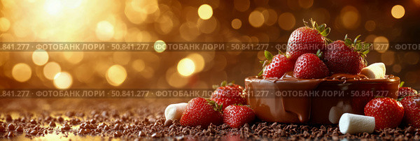 Sweet Temptation: Chocolate Fondue Delight with Fresh Strawberries and Marshmallow, Perfect for a Festive Treat. Стоковое AI-изображение, AI-художник Данила Большаков / Фотобанк Лори