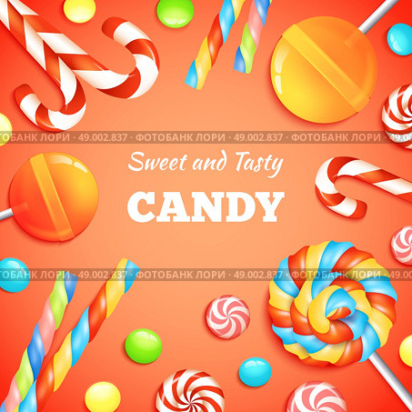 Sweets background with realistic candies lollipops and bonbons vector illustration. Sweets And Candies Background. Стоковая иллюстрация, агентство Ingram Publishing / Фотобанк Лори