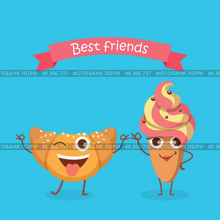 Sweets. Best Friends. Smiling Croissant and Cake. Best Friends. Sweets. Happy bun in simple cartoon style. Isolated fresh baked roll with one open eye and raised hands standing on two legs. Cake in oval shape with yellow-pink whipped cream. Vector. Стоковая иллюстрация, агентство Ingram Publishing / Фотобанк Лори